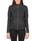 Kelsee Distressed Black Leather Biker Jacket - Image 3