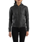 Luna Black Hooded Leather Bomber Jacket - Image 4