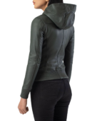 Luna Green Hooded Leather Bomber Jacket - Image 4