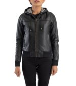 Rebella Black Hooded Leather Bomber Jacket - Image 4