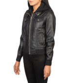 Roslyn Black Hooded Leather Bomber Jacket - Image 4