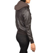 Roslyn Brown Hooded Leather Bomber Jacket - Image 4