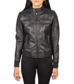 Women's Black Leather Bomber Jacket – Yrsa - Image 4