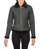 Women's B-3 Distressed Black Shearling Leather Bomber Jacket – Astrid - Image 4
