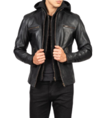 Hector Black Hooded Leather Biker Jacket - Image 4