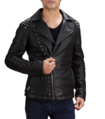 Black Studded Leather Biker Jacket - Image 4