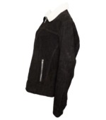 Black Shearling Suede Bomber Jacket - Image 4