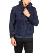 Kenton Hooded Blue Suede Pullover Jacket - Image 4