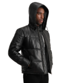 Gordon Black Hooded Leather Puffer Jacket - Image 4