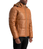 Gordon Tan Hooded Leather Puffer Jacket - Image 4