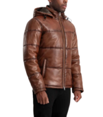 Gordon Waxed Brown Hooded Leather Puffer Jacket - Image 4