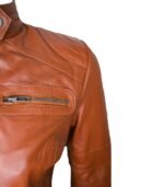 Women Classic Motorcycle Brown Leather Jacket - Image 6