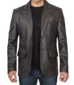 Men's Rub Off Brown Lambskin Leather Blazer - Image 5