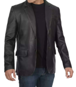 Mens Two Button Black Leather Blazer Jacket - Image 4
