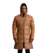 Floyd Tan Hooded Leather Puffer Coat - Image 5