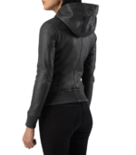 Luna Black Hooded Leather Bomber Jacket - Image 5