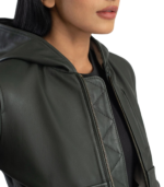 Luna Green Hooded Leather Bomber Jacket - Image 5