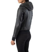 Rebella Black Hooded Leather Bomber Jacket - Image 5