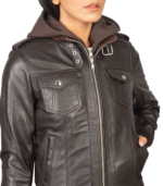 Roslyn Brown Hooded Leather Bomber Jacket - Image 5