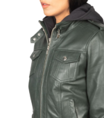 Roslyn Green Hooded Leather Bomber Jacket - Image 5
