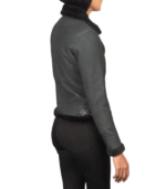 Women's B-3 Distressed Black Shearling Leather Bomber Jacket – Astrid - Image 5