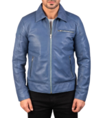 Lavendard Blue Leather Biker Jacket - Image 5