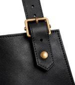 Black leather bag strap with gold buckle detail