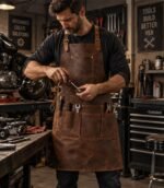Brown leather work apron with tools and a mechanic in a workshop