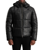 Gordon Black Hooded Leather Puffer Jacket - Image 5
