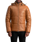Gordon Tan Hooded Leather Puffer Jacket - Image 5