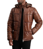 Gordon Waxed Brown Hooded Leather Puffer Jacket - Image 5