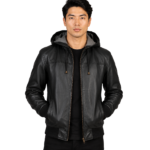 Nintenzo Black Hooded Leather Bomber Jacket