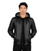 Nintenzo Black Hooded Leather Bomber Jacket