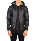 Nintenzo Black Hooded Leather Bomber Jacket - Image 2