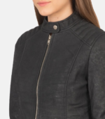 Kelsee Distressed Black Leather Biker Jacket - Image 5