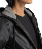 Rebella Black Hooded Leather Bomber Jacket - Image 6