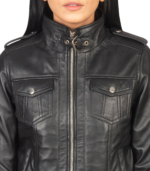 Roslyn Black Hooded Leather Bomber Jacket - Image 6