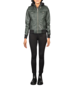 Roslyn Green Hooded Leather Bomber Jacket - Image 6