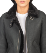 Women's B-3 Distressed Black Shearling Leather Bomber Jacket – Astrid - Image 6
