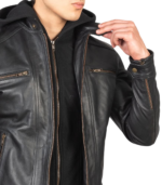 Hector Black Hooded Leather Biker Jacket - Image 6