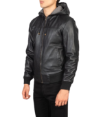 Nintenzo Black Hooded Leather Bomber Jacket - Image 3