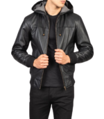 Nintenzo Black Hooded Leather Bomber Jacket - Image 6