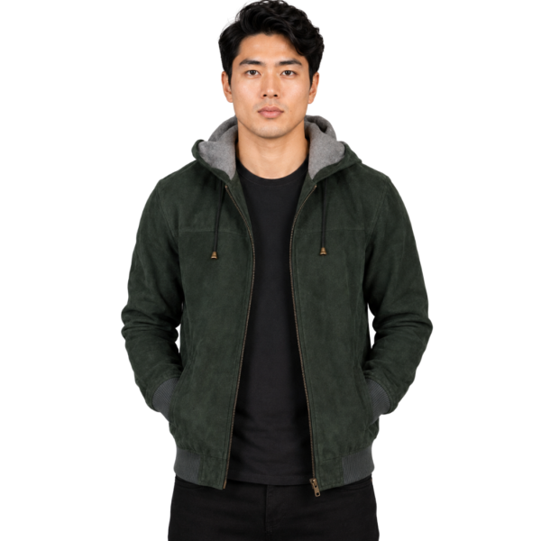 Men's Green Hooded Suede Bomber Jacket - Gunnar