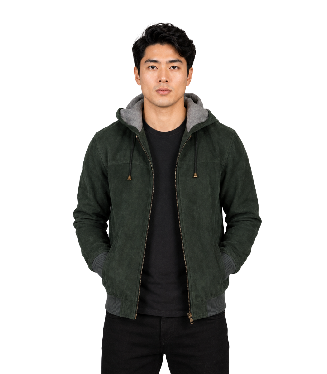 64 Nintenzo Green Hooded Suede Bomber Jacket - Image 1