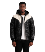 Norman Black Hooded Bomber Leather Puffer Jacket