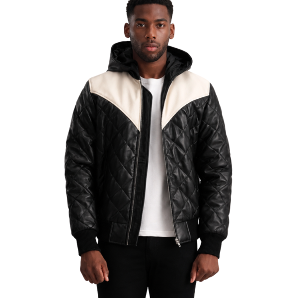 Men's Black Hooded Leather Puffer Bomber Jacket - Boreal