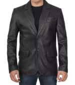 Mens Two Button Black Leather Blazer Jacket - Image 6