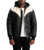 Norman Black Hooded Bomber Leather Puffer Jacket - Image 4