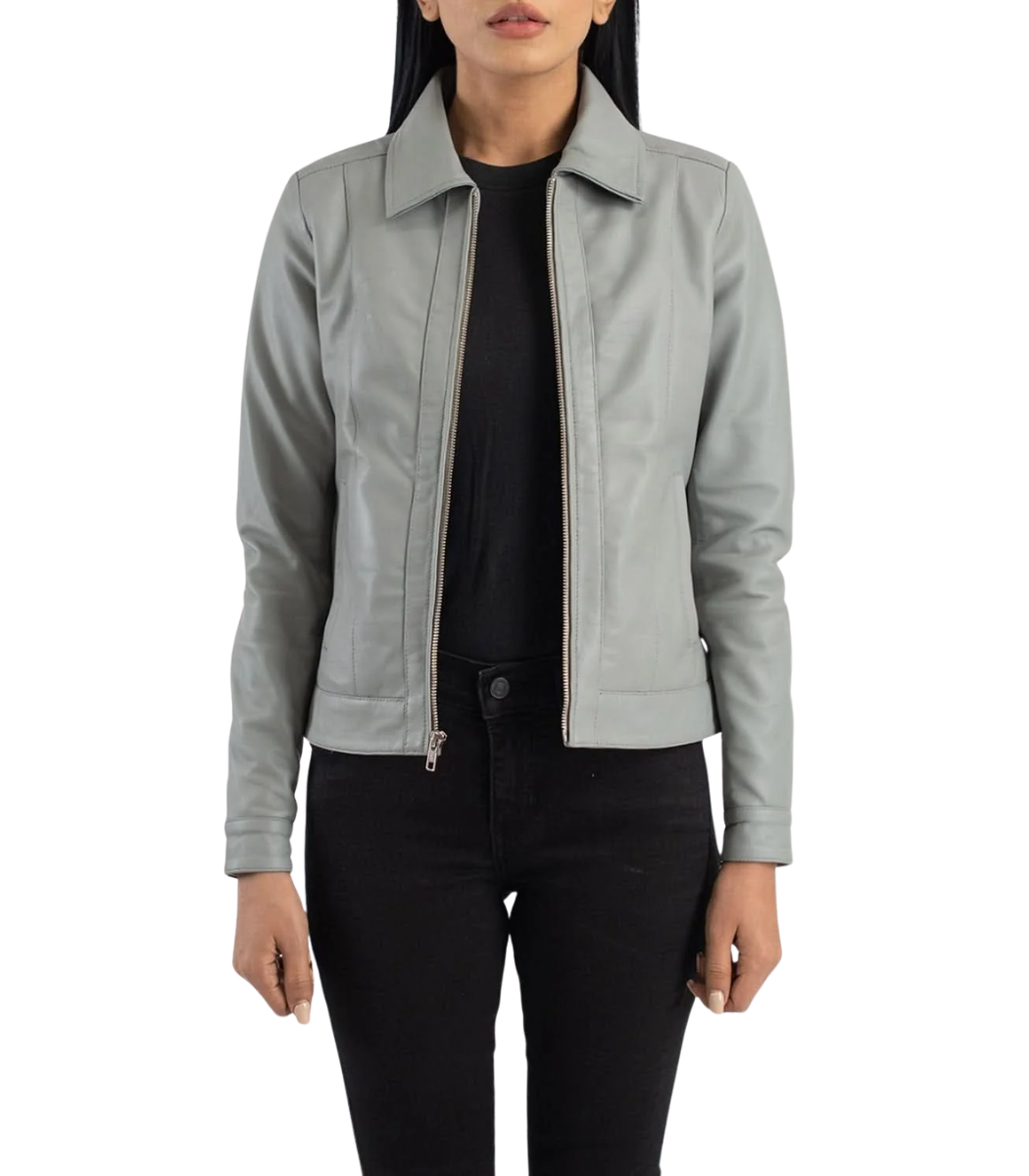 75 Vixen Grey Classic Collar Leather Jacket - Image 1