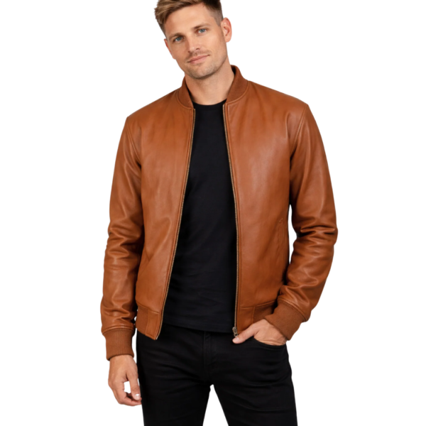 Men's Tan Leather Bomber Jacket - Halvor